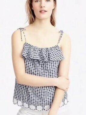 J Crew Gingham Tie-Shoulder Ruffle Tank Top